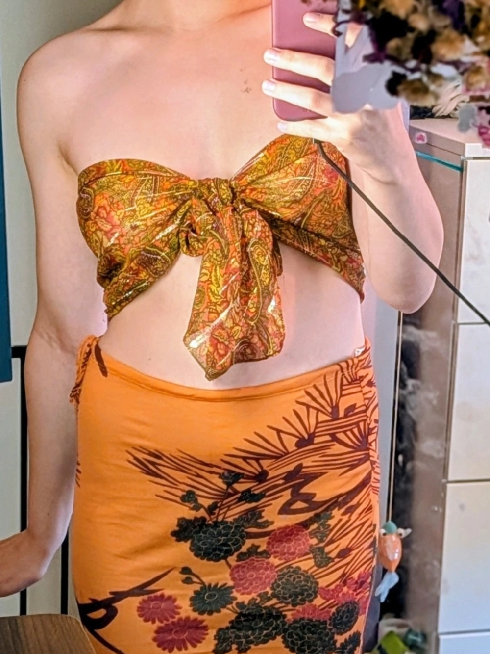 Tie-Front Strapless Paisley Scarf Crop Top in Orange